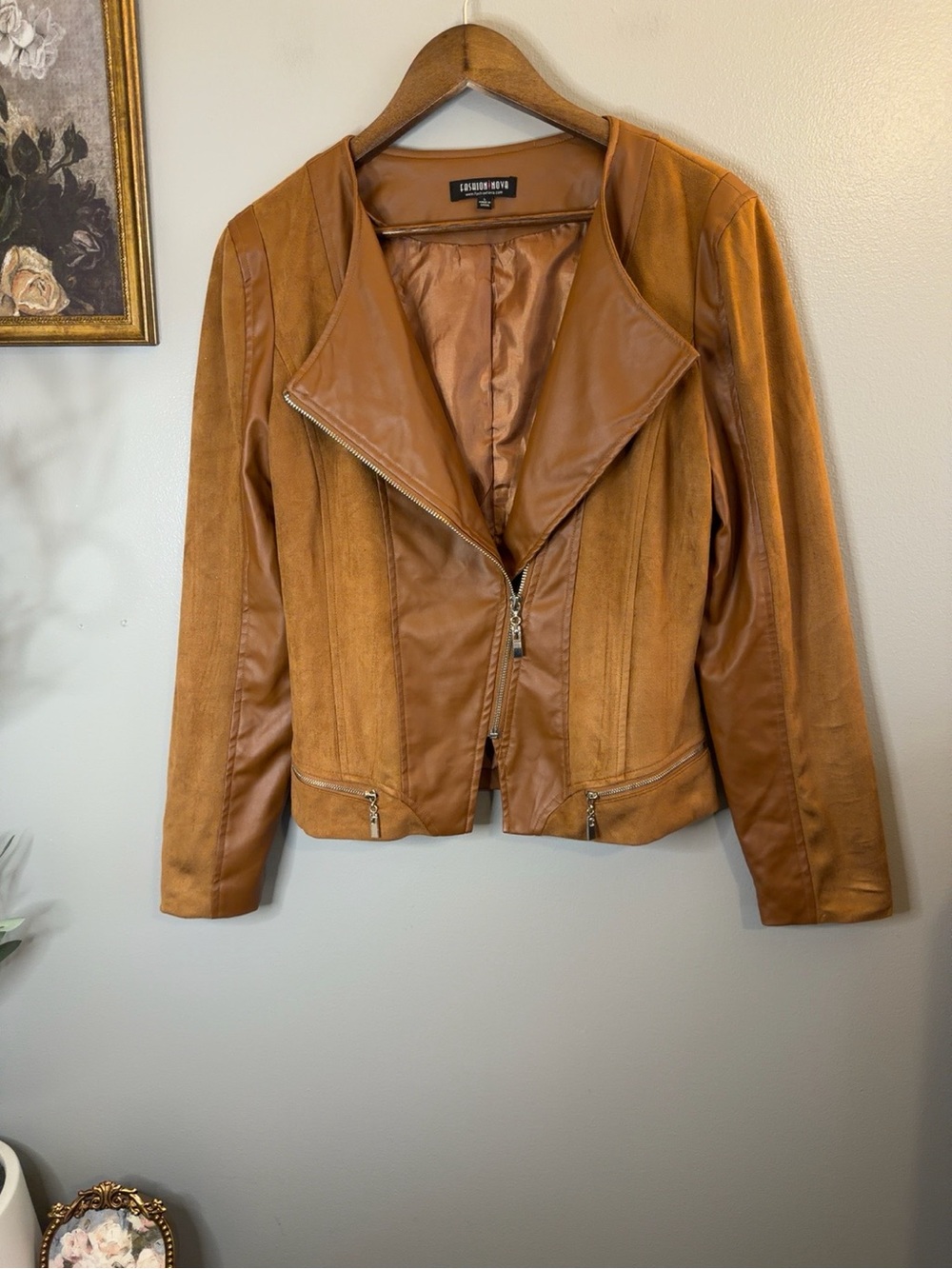 Fashion Nova Faux Suede Moto Jacket Women’s Large Cognac Brown Asymmetrical Zip - Picture 3 of 6